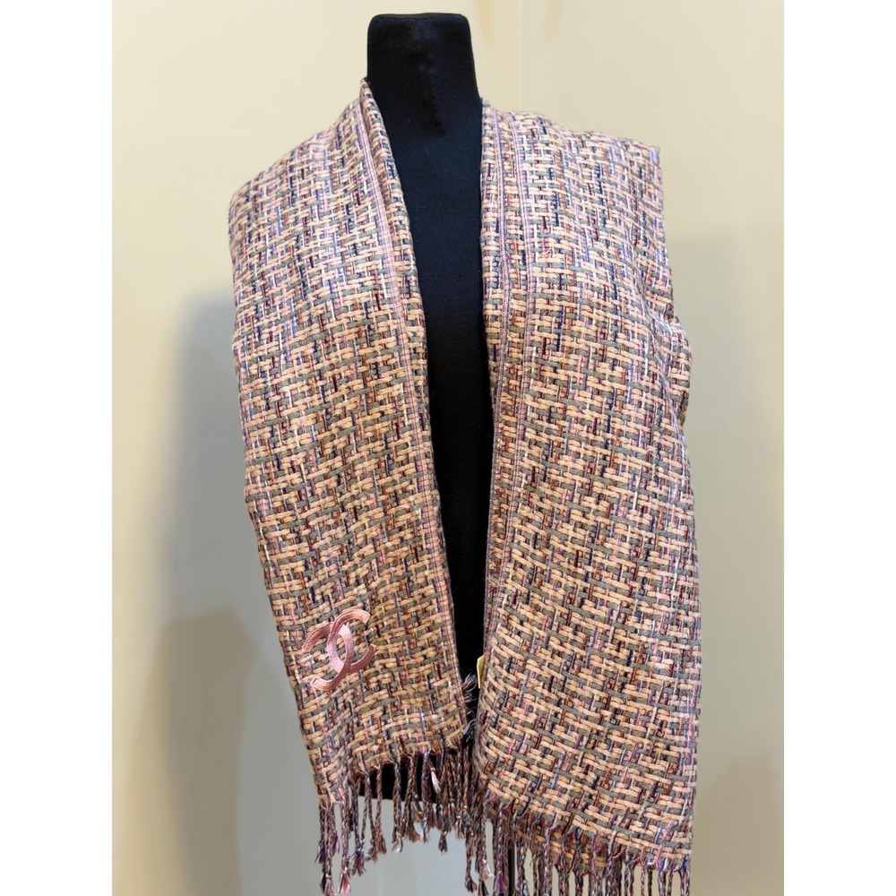 Chanel Cashmere Silk Tweed Scarf Multi Color Pink CC Logo Fringe Made in France
